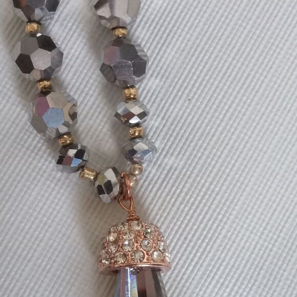 Gray and Rose Gold Beaded Large Teardrop Pendant Necklace & Hoop Earring Set - Picture 4 of 12